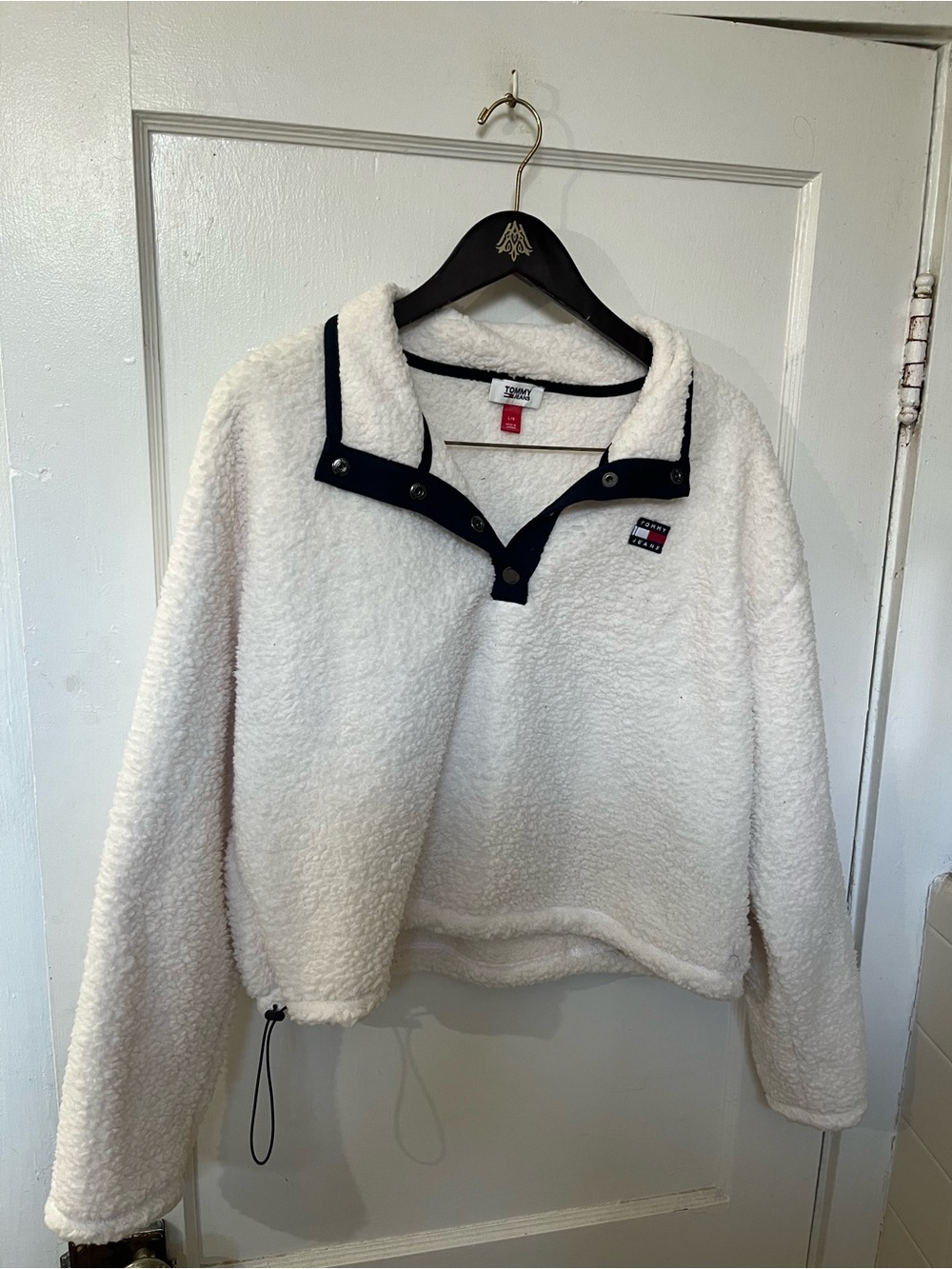 Tommy Jeans Women's Cropped Sherpa Fleece Snap Pullover Sweater White Large EUC
